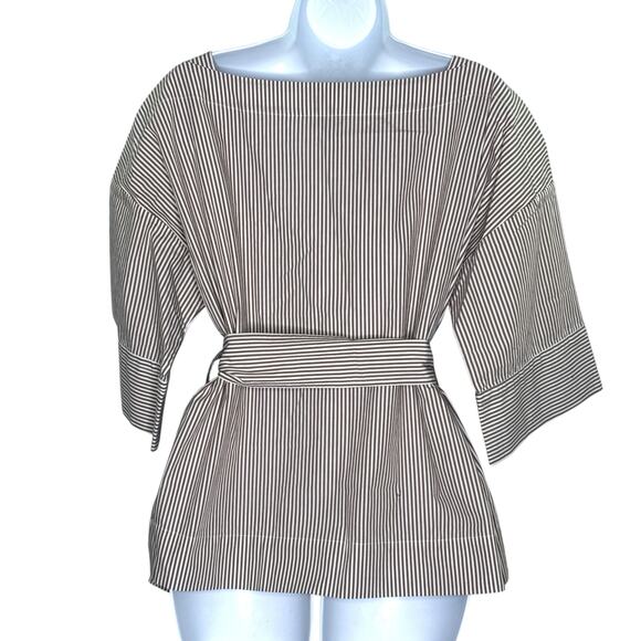 EVERLANE S Belted Poplin Block Sleeve Shirt Striped Taupe White Crisp Classic - Picture 2 of 10